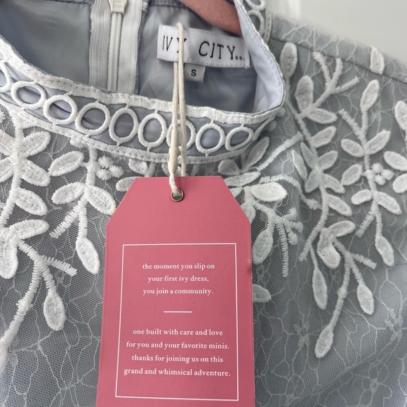 NWT Ivy City Co Midi Dress Formal Long Sleeve White Overlay Mesh/Blue Lined - Picture 2 of 6